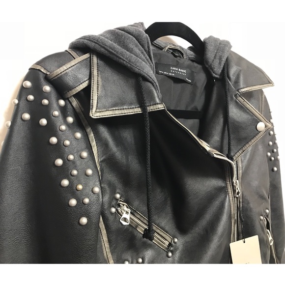 Rare Zara Faux Leather Jacket detachable hoodie - Picture 3 of 6